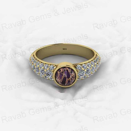 Top Selling Genuine 925 Sterling Silver Purple & Black Copper Turquoise Gemstone Bezel Setting CZ Round Ring for Custom Jewelry
