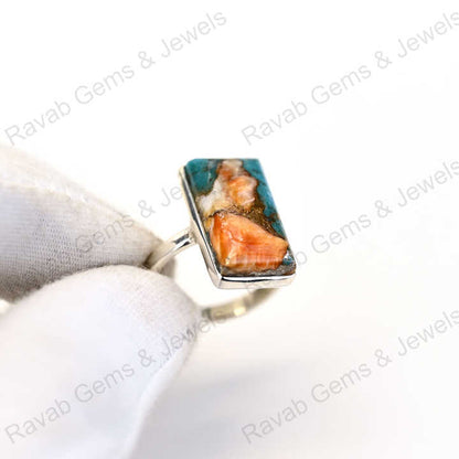 Superb Quality Solid 925 Sterling Silver Mix Oyster Turquoise Rectangle Shape Bezel Setting Ring for Women Fine Handmade Jewelry