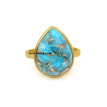 10x14mm Pear Mohave Blue Copper Turquoise Gemstone 18k Gold Plated 925 Sterling Silver Ring Women High Quality Fine Jewelry