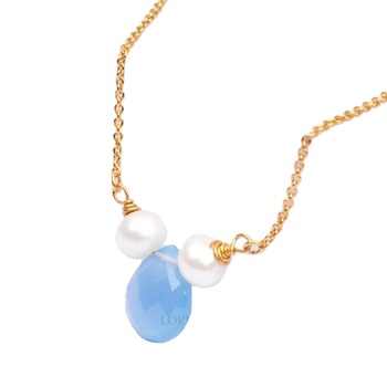 2024 Latest Design Natural Freshwater Pearl & Blue Chalcedony Gemstone Bezel 18k Gold Plated Silver Chain Necklace for Women