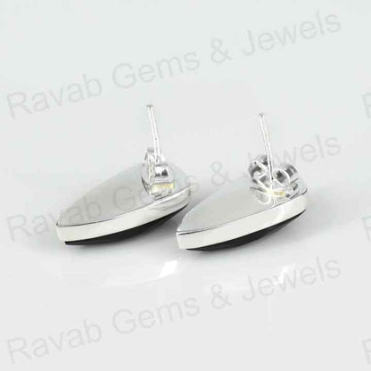 Best Quality 925 Solid Sterling Silver Women's Shield Shape Stud Earring Natural Black Onyx Checker Cut 10x20mm Bezel Gift