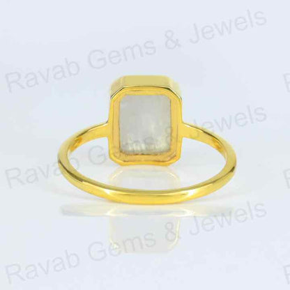 Best Selling Handmade 925 Silver Natural 8x10mm Rainbow Moonstone Gold Vermeil Eternity Fine Jewelry Bezel Set Ring for Women