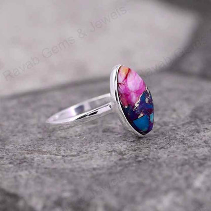 Natural Pink Spiny Oyster Turquoise Marquise Shape 7x14mm Bezel Setting Solid 925 Sterling Silver Women Daily Wear Handmade Ring
