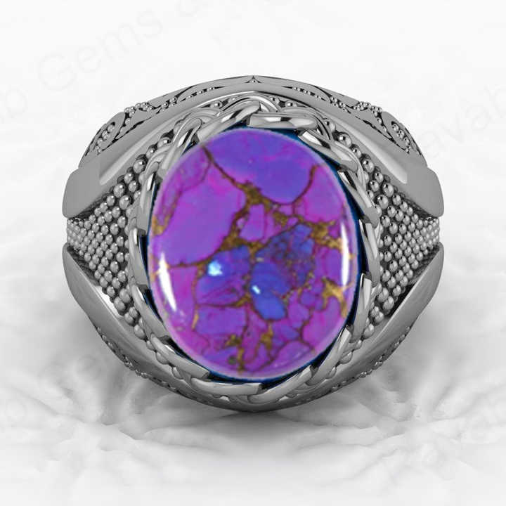 Genuine 925 Sterling Silver 13x15mm Mohave Purple Copper Turquoise Oval Turkish Men's Ring for Customized Fine Jewelry