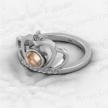 Top Selling 925 Genuine Silver 5mm White Caliste Copper Composite Gemstone CZ Diamond Princess Crown Design Ring for Women
