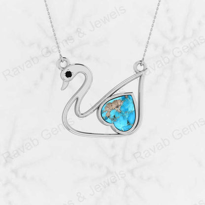 Hot Selling 925 Sterling Silver 10mm Pyrite Turquoise Heart Swan Bird Design Pendant Necklace High Quality Women's Fine Jewelry