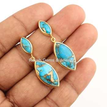 Best Selling Women's Fine Stud Earrings Natural Blue Cooper Turquoise Gemstone Waterproof 18k Gold & Sterling Silver Plated