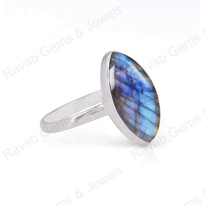 Top Quality Solid 925 Sterling Silver Natural Labradorite Marquise Shape 7x14mm Gemstone Bezel Setting Simple Band Fine Ring
