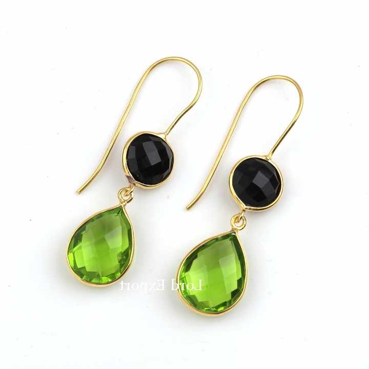 Best Selling Solid 925 Sterling Silver 18k Gold Plated Peridot & Black Onyx Drop Dangle Checker Cut Bezel Setting Fine Earring