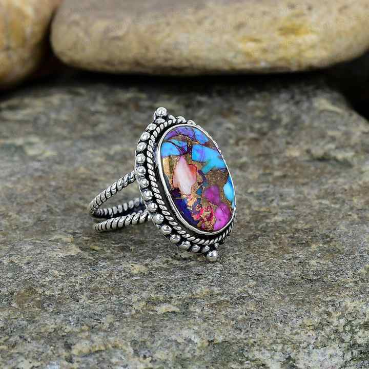 Best Quality Solid 925 Sterling Silver Mix Oyster Turquoise 10x14mm Bezel Setting Handmade Ring for Women Fine Vintage Jewelry