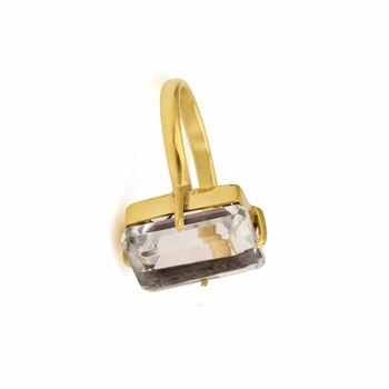 Handmade Design Natural Clear Quartz Emerald Cut Ring Sterling Silver With Gold Plating Fine Semi-Precious Crystal Quartz Ring