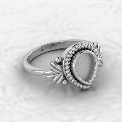 Solid 925 Silver 6x8mm Pear Bezel Cup Base Setting Leaf Braided Design Good For Resin Ashes Work Jewelry Findings Component