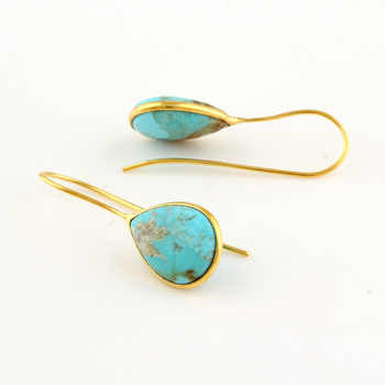 New Arrival 12x16mm Arizona Turquoise Bezel Dainty Teardrop Earring 18K Gold Plated Handmade Fine Hoop Sterling Silver Design