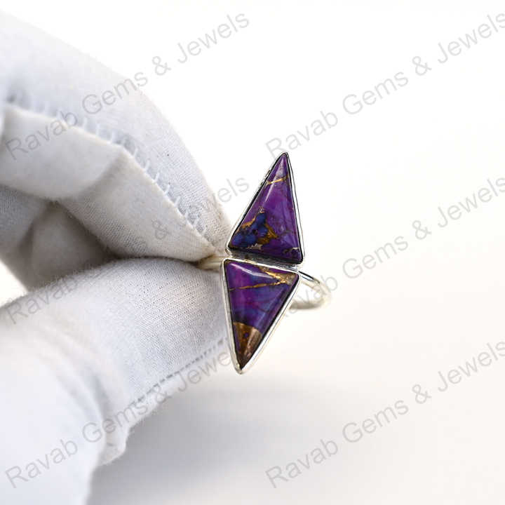 Best Quality Solid 925 Sterling Silver Purple Copper Turquoise Tringle Shape Bezel Setting Ring for Women Fine Handmade Jewelry