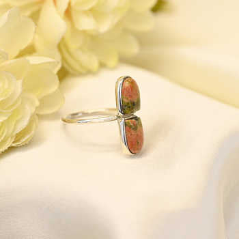Handmade 925 Sterling Silver Fine Ring for Women Christmas Sale Natural Unakite Gemstone Bezel Setting 8x10mm Black Rhodium