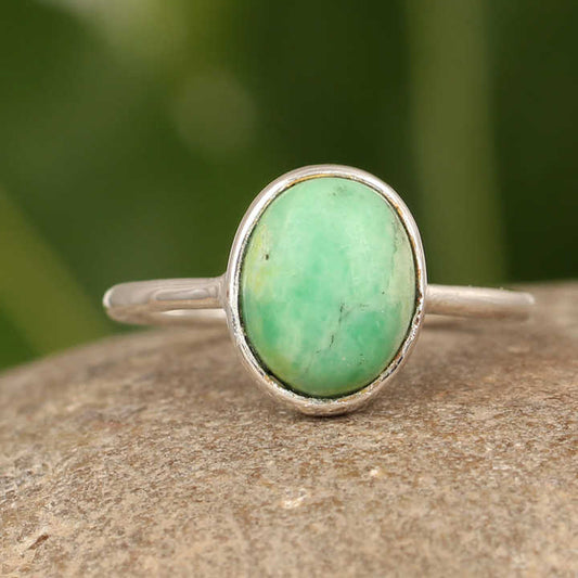 Handmade Solid 925 Silver 10x14mm Natural Green Chrysoprase Gemstone Oval Cabochon Shaped Horizontal Ring Fine Jewelry For Women