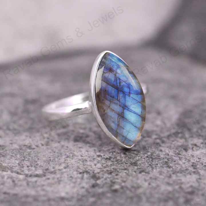 Top Quality Solid 925 Sterling Silver Natural Labradorite Marquise Shape 7x14mm Gemstone Bezel Setting Simple Band Fine Ring