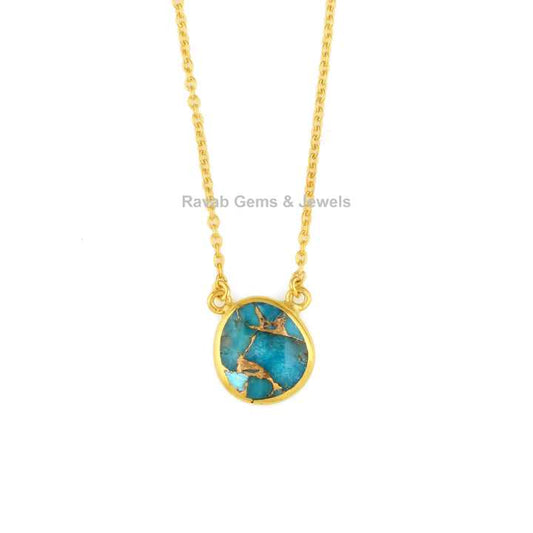 Best Selling Mohave Blue Copper Turquoise Stone Gold Plated Sterling Silver Minimalist Layering Dainty Chain Necklace for Her