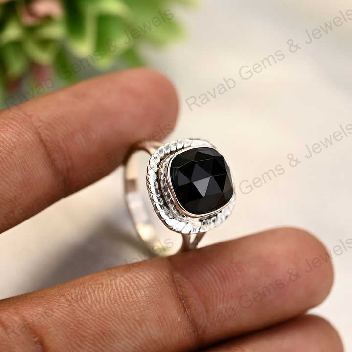 Best Selling Solid 925 Sterling Silver Natural Black Onyx Rose Cut Cushion Shape Bezel Setting Ring for Women Handmade Jewelry