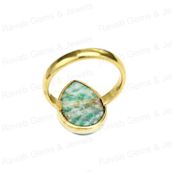 Top Quality Solid 925 Sterling Silver Natural Amazonite Smooth Cabochon 10x14mm Bezel Setting 18k Gold Filled Ring for Women