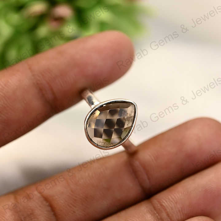 Best Quality Solid 925 Sterling Silver Smoky Quartz Pear Shape Checker Cut Ring for Women Fine Handmade Daily Wear Jewelry