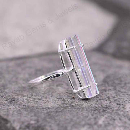 Premium Quality Beautiful Rainbow Mystic Quartz Gemstone Prong Setting Sterling Silver Rectangle Baguette Handmade Jewelry
