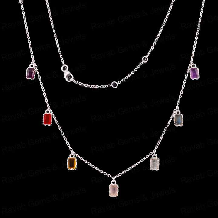 Best Selling 925 Silver Octagon Natural Crystal Multi-Color 7 Birthstone Station Charm Pendant Layering Necklace Fine Jewelry