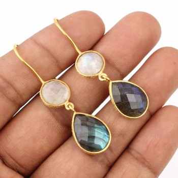 Top Quality Solid 925 Sterling Silver Natural Labradorite & Rainbow Moonstone Bezel Setting Drop Dangle Earring for Women