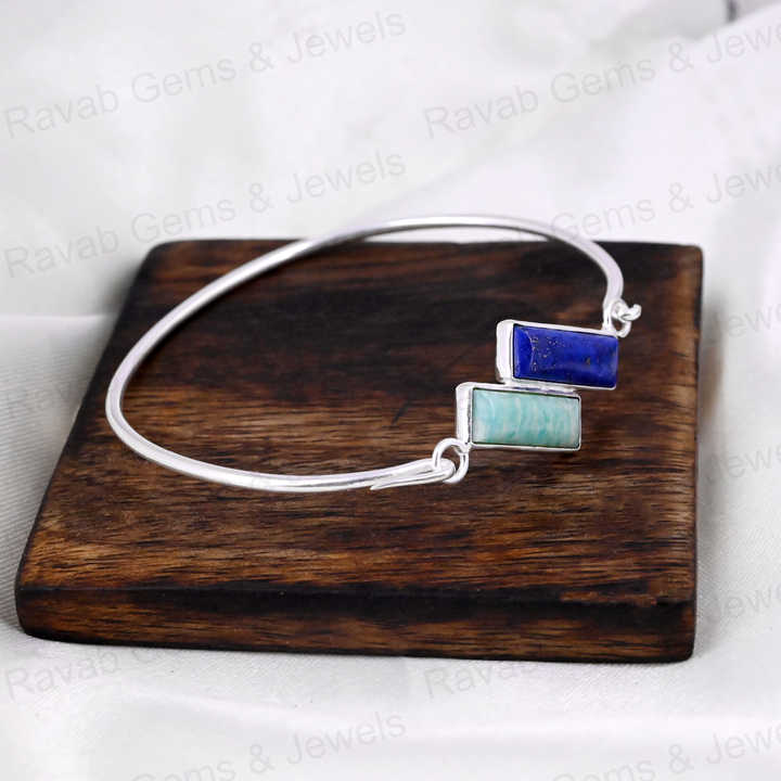 Handmade 925 Silver Minimalist Statement Adjustable Women Bangle Amazonite Lapis Lazuli Rectangle Bezel Setting Fine Jewelry