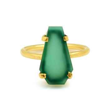 Beautiful 10x17mm Natural Green Onyx Gemstone 18k Gold Plating 925 Sterling Silver Coffin Shape Prong Setting Ring for Women