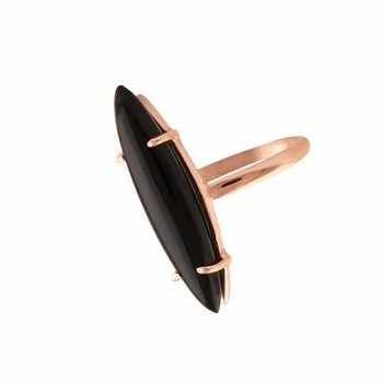 Minimalist Women's 6x25mm Natural Black Onyx Ring Dainty Marquise Prong Design 925 Genuine Silver Rose Gold Plating for Parties