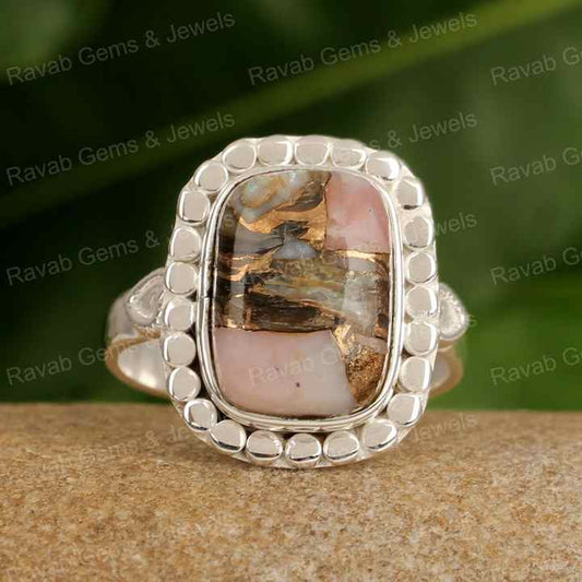 Best Selling Natural Pink Copper Opal Octa Cushion Shape 10x14mm Solid 925 Sterling Silver Heart Designer Handmade Women Ring