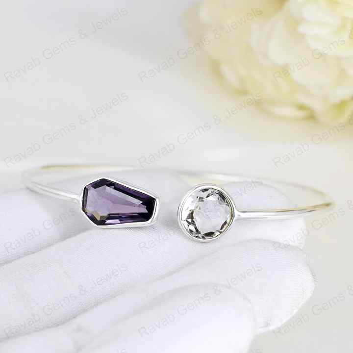 Superb Genuine 925 Sterling Silver Amethyst Coffin & Round Shape Bezel Setting Minimalist Adjustable Bangle Bracelet For Women