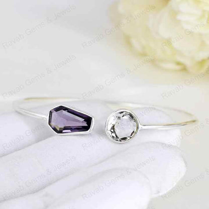 Superb Genuine 925 Sterling Silver Amethyst Coffin & Round Shape Bezel Setting Minimalist Adjustable Bangle Bracelet For Women