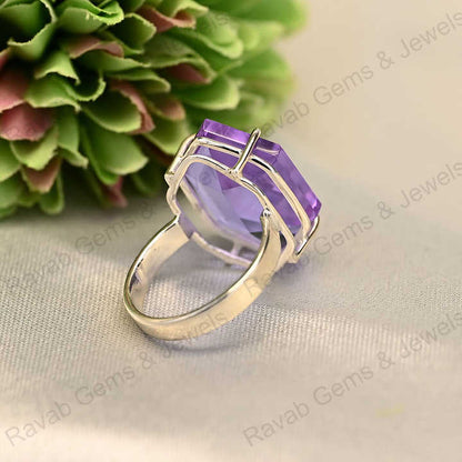 New Arrival Top Quality Solid 925 Sterling Silver Purple Amethyst Quartz Hexagon Cut Shape Ring for Women Fine Handmade Jewelry
