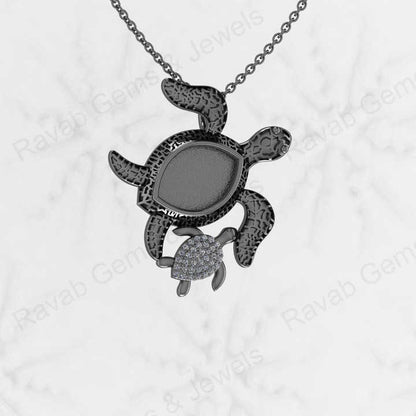Genuine 925 Silver Mom & Baby Tortoises Marquise Semi Mount CZ Charm Pendant Setting for Ashes & Resin Work Breastmilk Jewelry