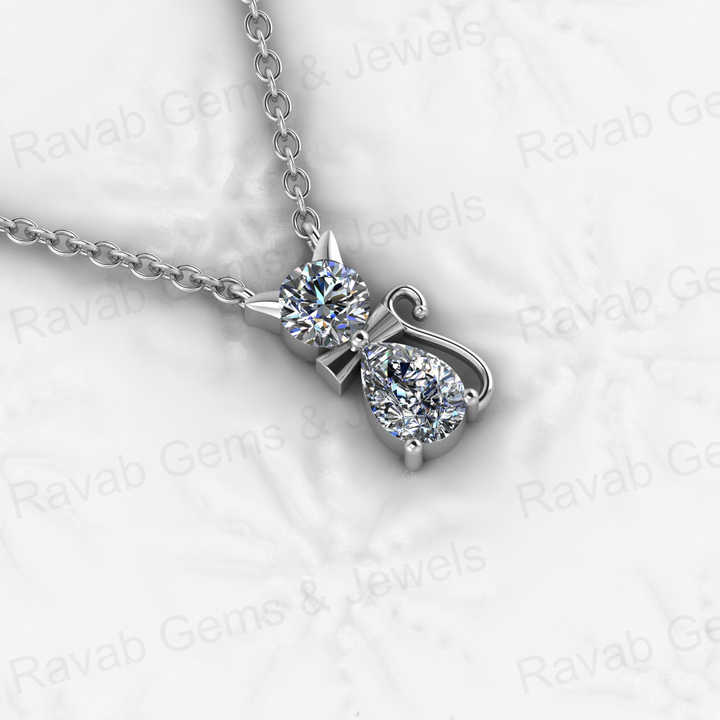 Top Quality Genuine Solid 925 Sterling Silver Cat Lover Pendant Necklace Round 5mm Pear 7x5mm Cubic Zirconia Keepsake Necklace