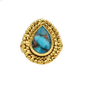 18K Gold Plated Genuine Mohave Blue Copper Turquoise 925 Sterling Bezel Setting Bohemian Designer Ring for Women Fine Jewelry