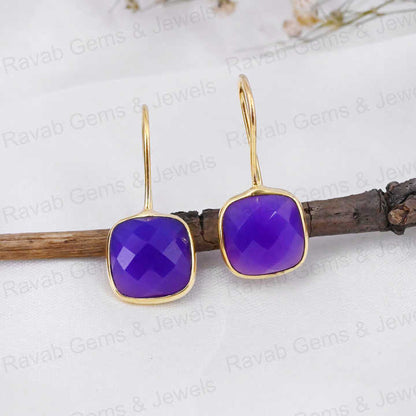 Beautiful Handmade 12mm Cushion Checker Cut Purple Chalcedony Stone 925 Silver 18k Gold Dangle Drop Women Earring Fine Jewelry