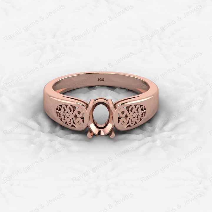 Genuine 925 Sterling Silver 7x5mm Oval Semi Mount Blank Prong Setting Filigree Pre-Notched Ring Good for Gemstone Fine Jewelry