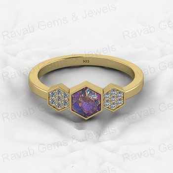 Top Selling 925 Sterling Silver Fine Ring Purple Copper Turquoise Gemstone Bezel Setting With CZ Hexagon Geometric Jewelry