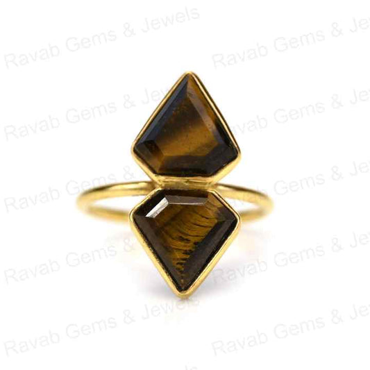 Top Quality Solid 925 Sterling Silver Natural Tiger's Eye Fancy Cut 10x14mm Bezel Setting 18k Gold Filled Fine Ring for Women