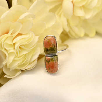 Handmade 925 Sterling Silver Fine Ring for Women Christmas Sale Natural Unakite Gemstone Bezel Setting 8x10mm Black Rhodium