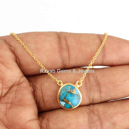 Best Selling Mohave Blue Copper Turquoise Stone Gold Plated Sterling Silver Minimalist Layering Dainty Chain Necklace for Her