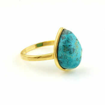 High Quality 12x16mm Natural Chrysocolla Gemstone Bezel 18K Gold Plated Dainty Pear Shape Ring Beautiful Sterling Fine for Her