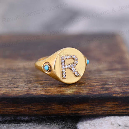 Best Selling 925 Silver CZ Diamond With Turquoise Initial Letter Personalized Solomon Signet Oval Men's Pinky Ring Fine Jewelry