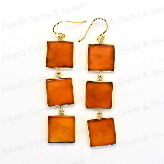 Best Quality Solid 925 Sterling Silver 10mm Natural Carnelian Square Flat Smooth 18k Gold Plated Dangle Drop Earring for Women
