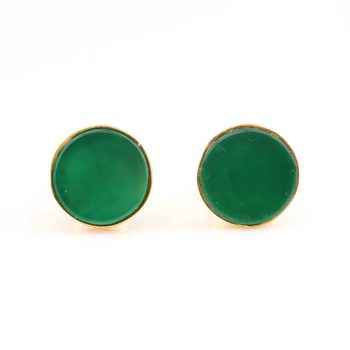 Impressive 18K Gold Plated Onyx Gemstone Stud Earrings 925 Sterling Silver Jewelry With Natural Green Round Shape Fine Design