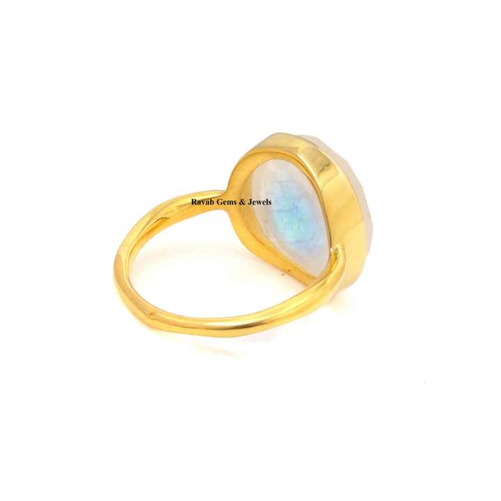 Beautiful 12x13mm Natural Rainbow Moonstone Jewelry 925 Silver 18k Gold Plated Organic Shape Boho Stylish Band Ring for Women