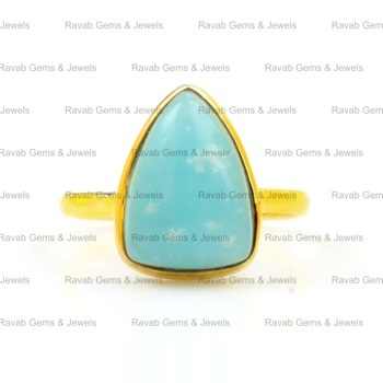 Solid 925 Sterling Silver 18K Gold Plated Handmade Natural Smithsonite 12x16mm Trillion Shape Bezel Set Ring for Women